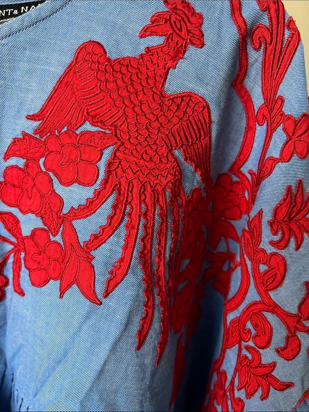 Hemant and Nandita Sky Blue Tunic with Red Embroidered Birds - Picture 2 of 5
